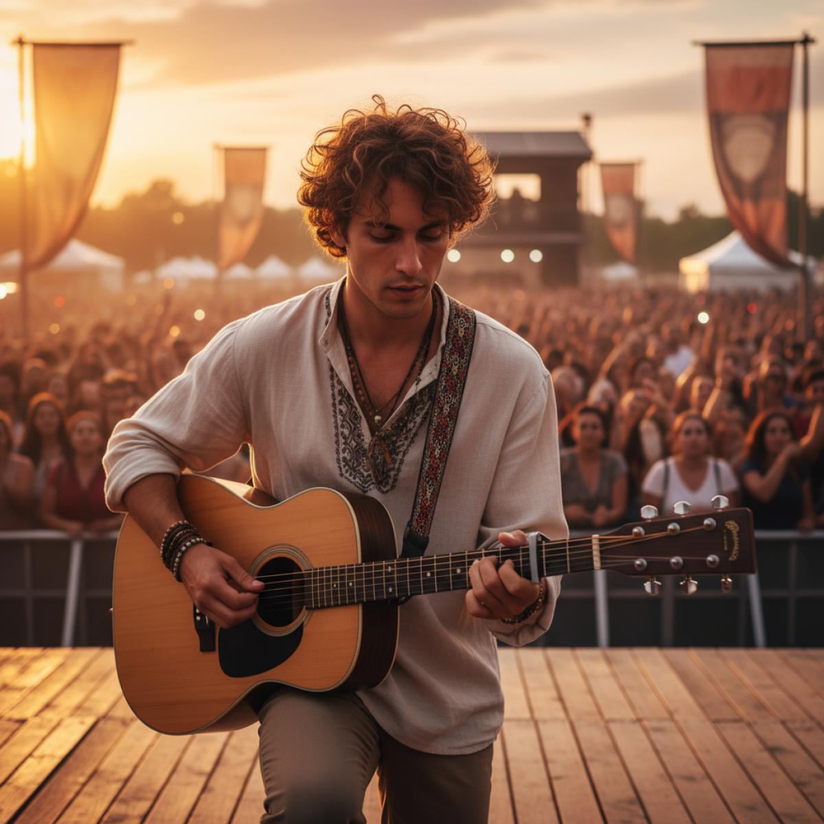 Jeune musicien à la guitare sur une scène de festival au coucher du soleil, public en liesse.