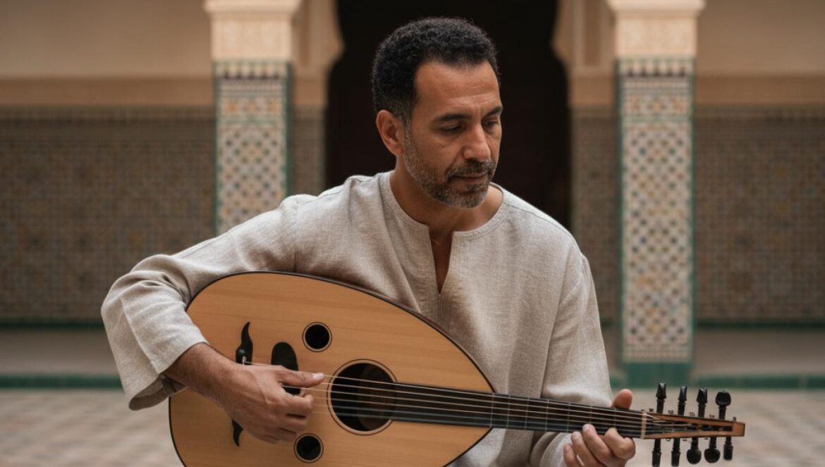 Musicien au oud dans un patio à arcs, lumière dorée, ambiance andalouse intime.
