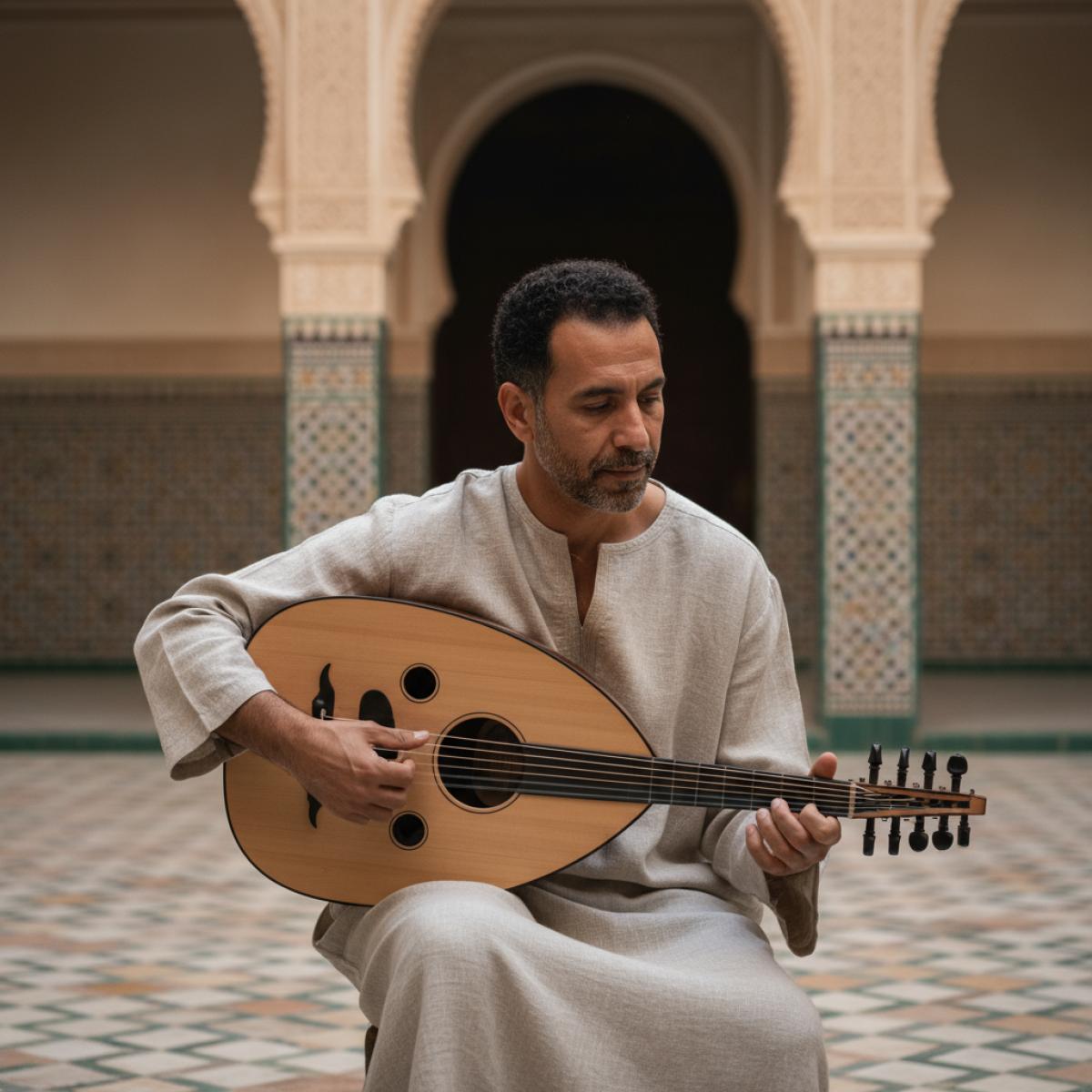Musicien au oud dans un patio à arcs, lumière dorée, ambiance andalouse intime.