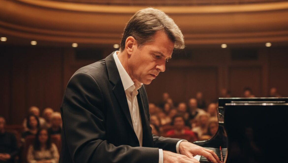 Un pianiste en récital, éclairé par un projecteur, concentré au piano dans une salle en bois chaleureuse.