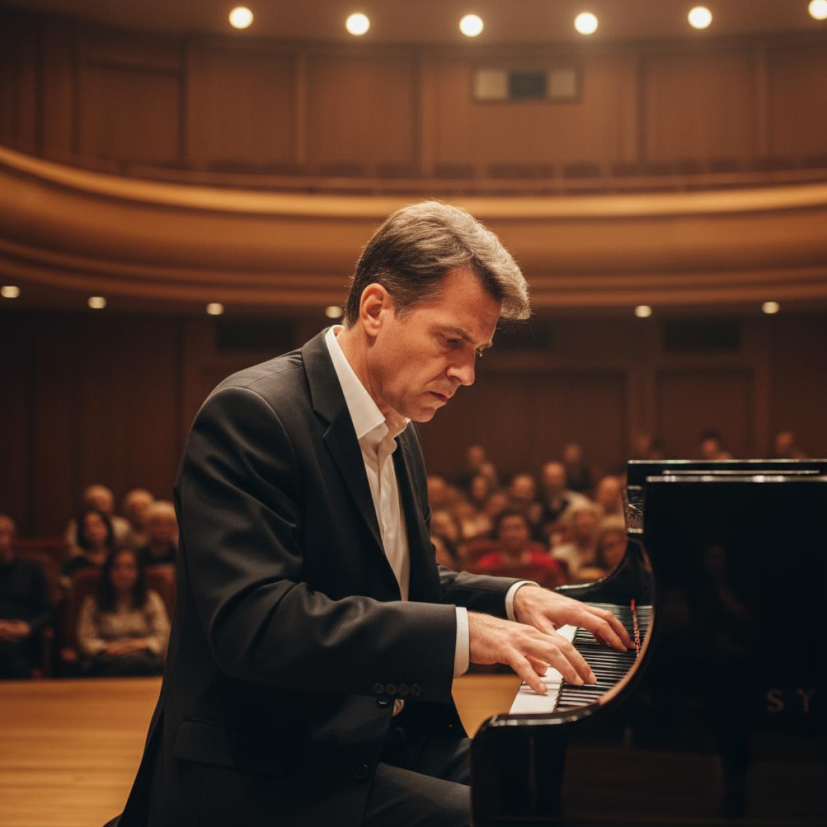Un pianiste en récital, éclairé par un projecteur, concentré au piano dans une salle en bois chaleureuse.