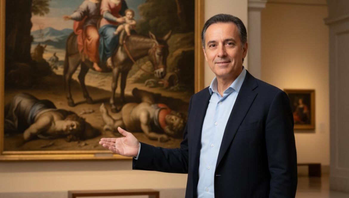 Dans une salle de musée, un guide montre un grand tableau baroque où la Sainte Famille passe tandis que des idoles de pierre s’effondrent.