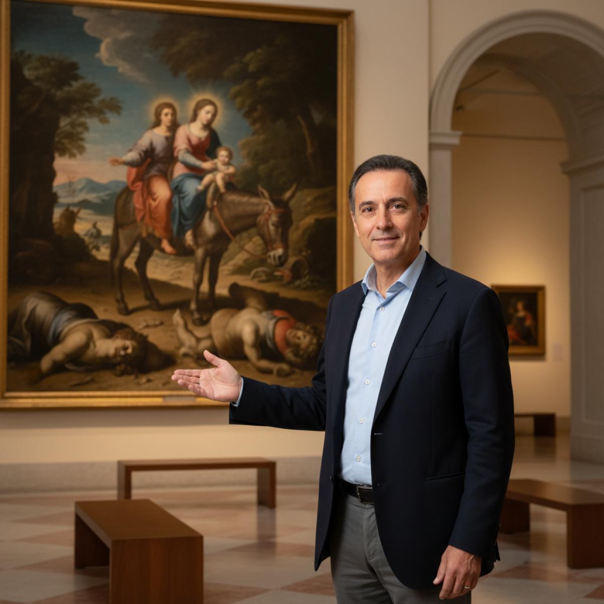 Dans une salle de musée, un guide montre un grand tableau baroque où la Sainte Famille passe tandis que des idoles de pierre s’effondrent.