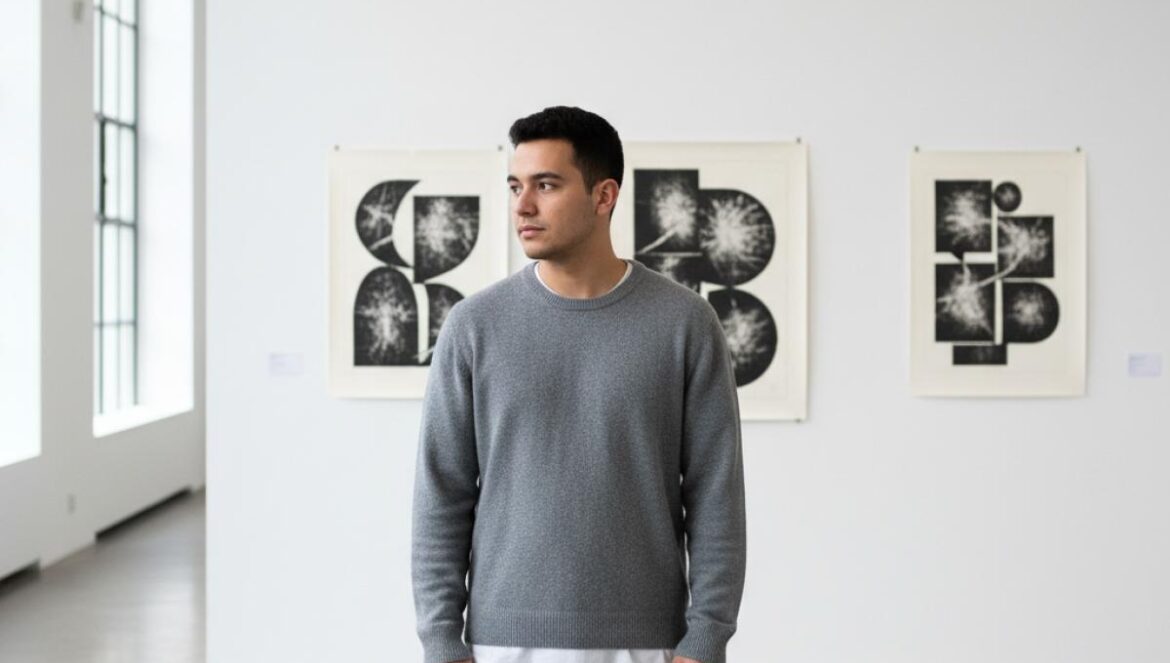 Un visiteur contemple des sérigraphies abstraites noir et blanc dans une galerie minimaliste à Cordoue.