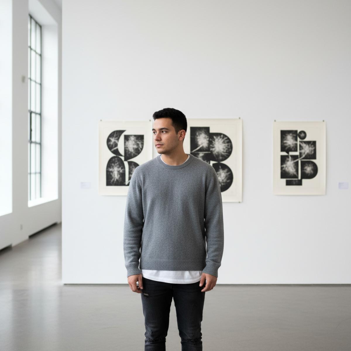 Un visiteur contemple des sérigraphies abstraites noir et blanc dans une galerie minimaliste à Cordoue.