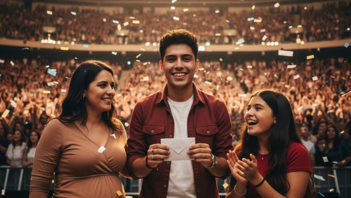 Chanteur pop latino révélant le sexe d’un bébé sur scène, arènes pleines et lumières vives.