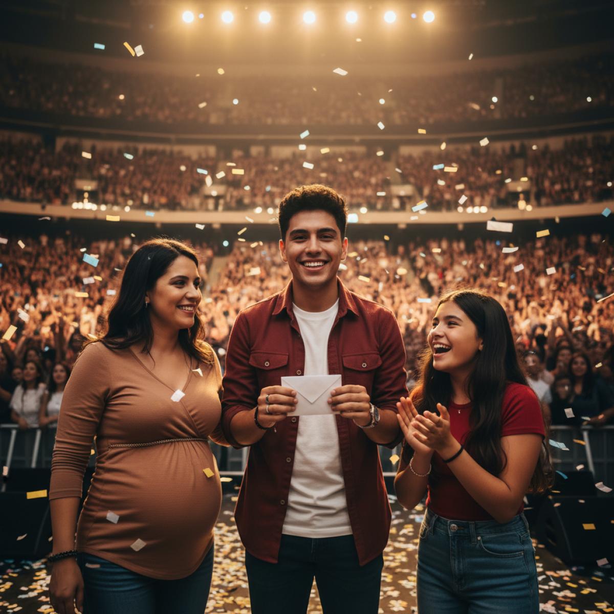 Chanteur pop latino révélant le sexe d’un bébé sur scène, arènes pleines et lumières vives.