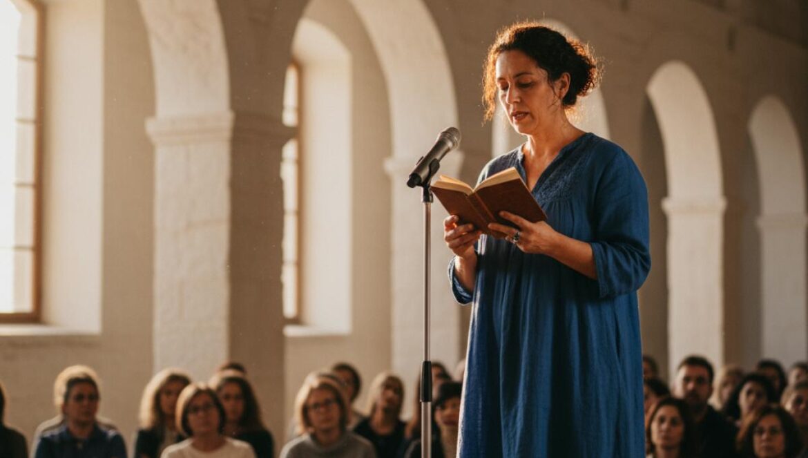 Poétesse lisant au micro sous des arcs blanchis, lumière chaude, public attentif à Cordoue.