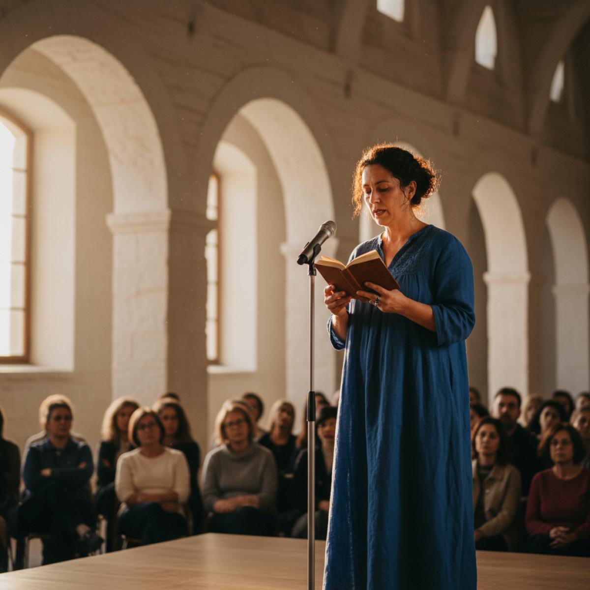 Poétesse lisant au micro sous des arcs blanchis, lumière chaude, public attentif à Cordoue.
