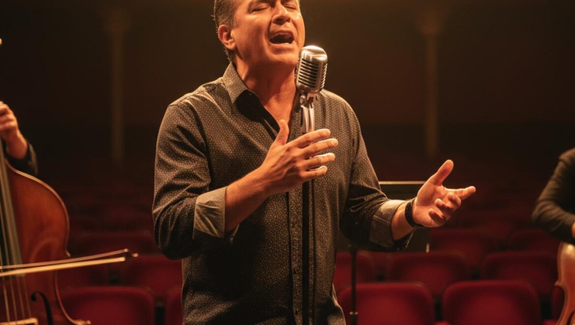 Chanteur espagnol sur scène dans un ancien cinéma, lumière chaude et ambiance flamenco-pop.
