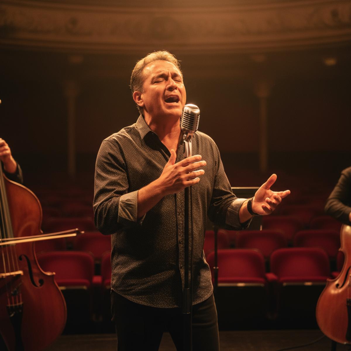 Chanteur espagnol sur scène dans un ancien cinéma, lumière chaude et ambiance flamenco-pop.