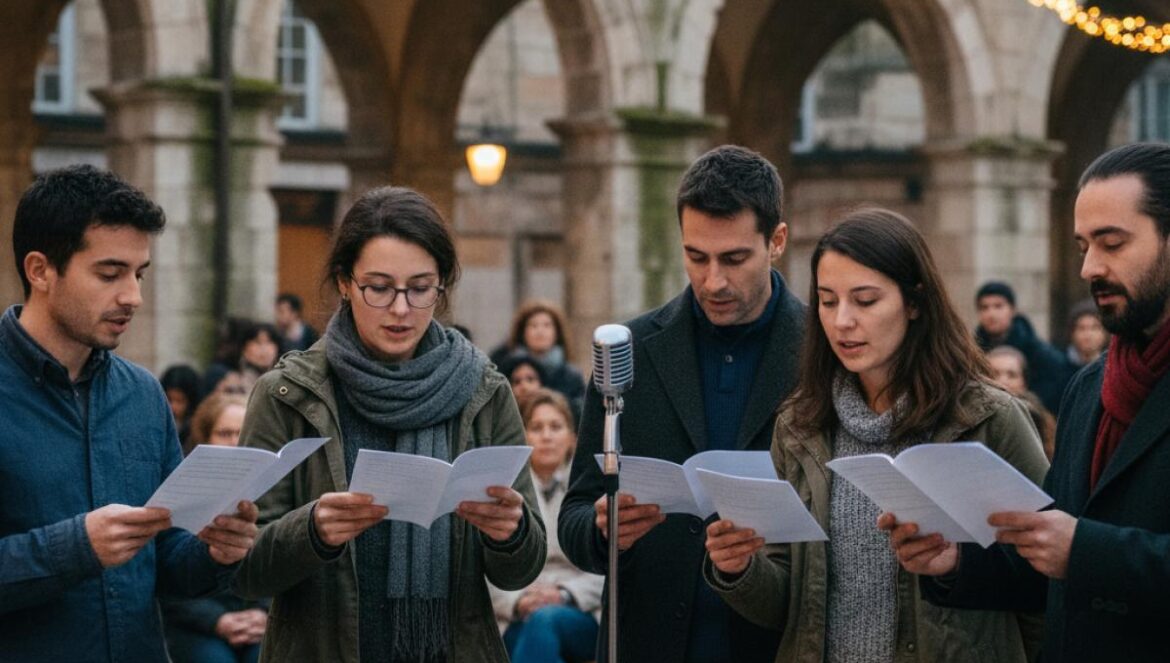 Lectures de poésie en plein air, micro, lumières chaleureuses, public attentif dans une place historique.