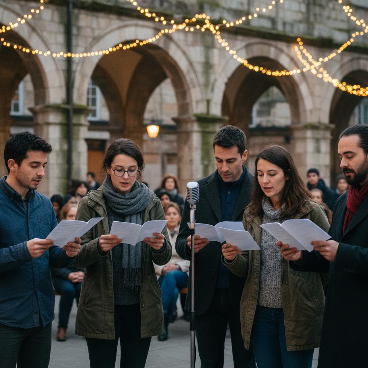 Lectures de poésie en plein air, micro, lumières chaleureuses, public attentif dans une place historique.