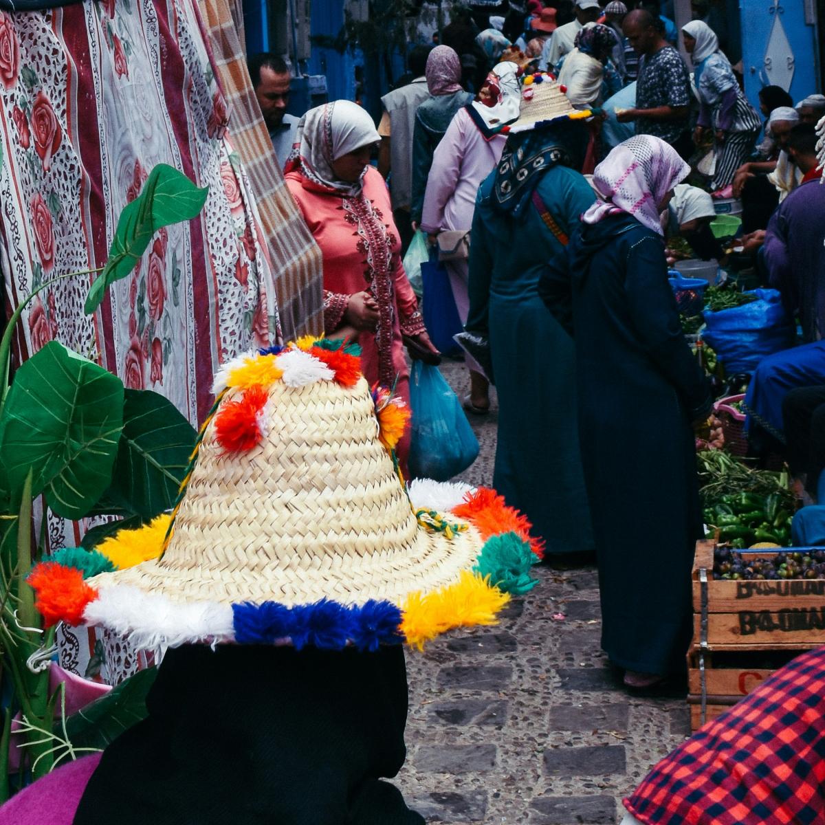 people walking near baskets