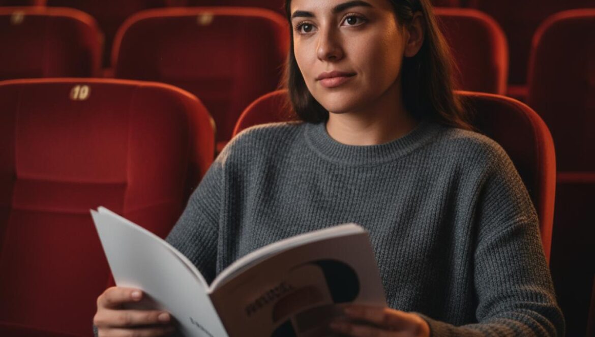 Jeune spectatrice au premier rang d’un cinéma, programme en main, lumière chaude sur les fauteuils rouges.