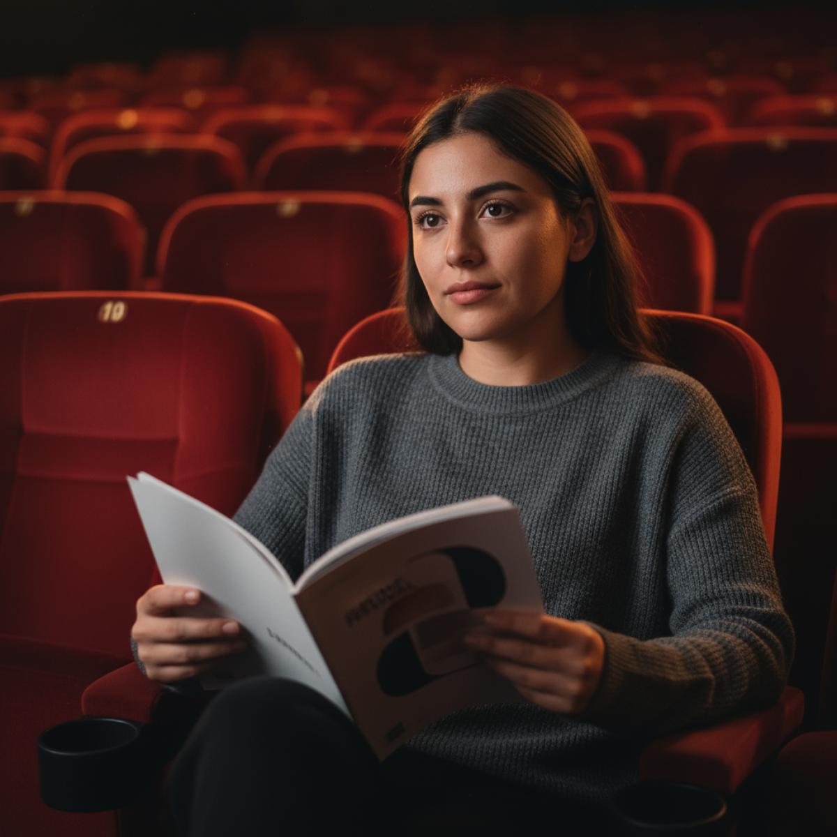 Jeune spectatrice au premier rang d’un cinéma, programme en main, lumière chaude sur les fauteuils rouges.