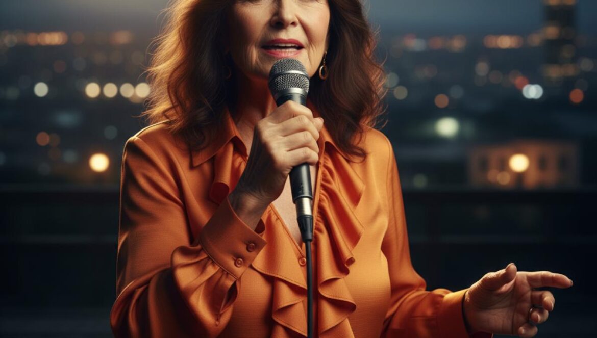 Chanteuse mature en blouse orange chantant sur une scène en plein air, lumières chaudes à la tombée de la nuit.