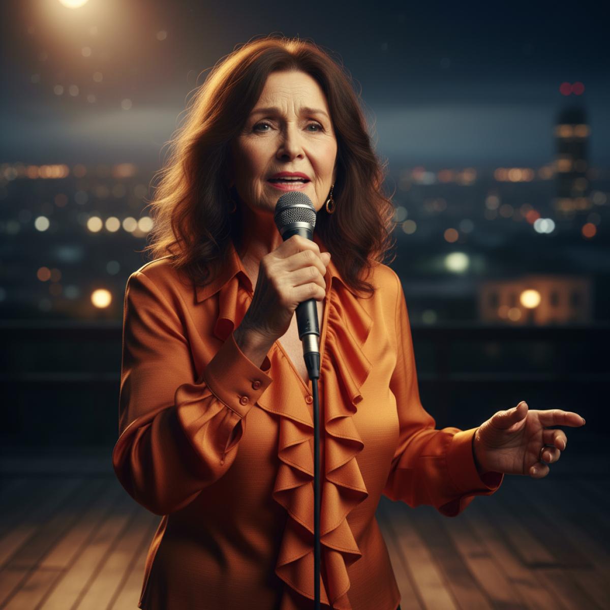 Chanteuse mature en blouse orange chantant sur une scène en plein air, lumières chaudes à la tombée de la nuit.