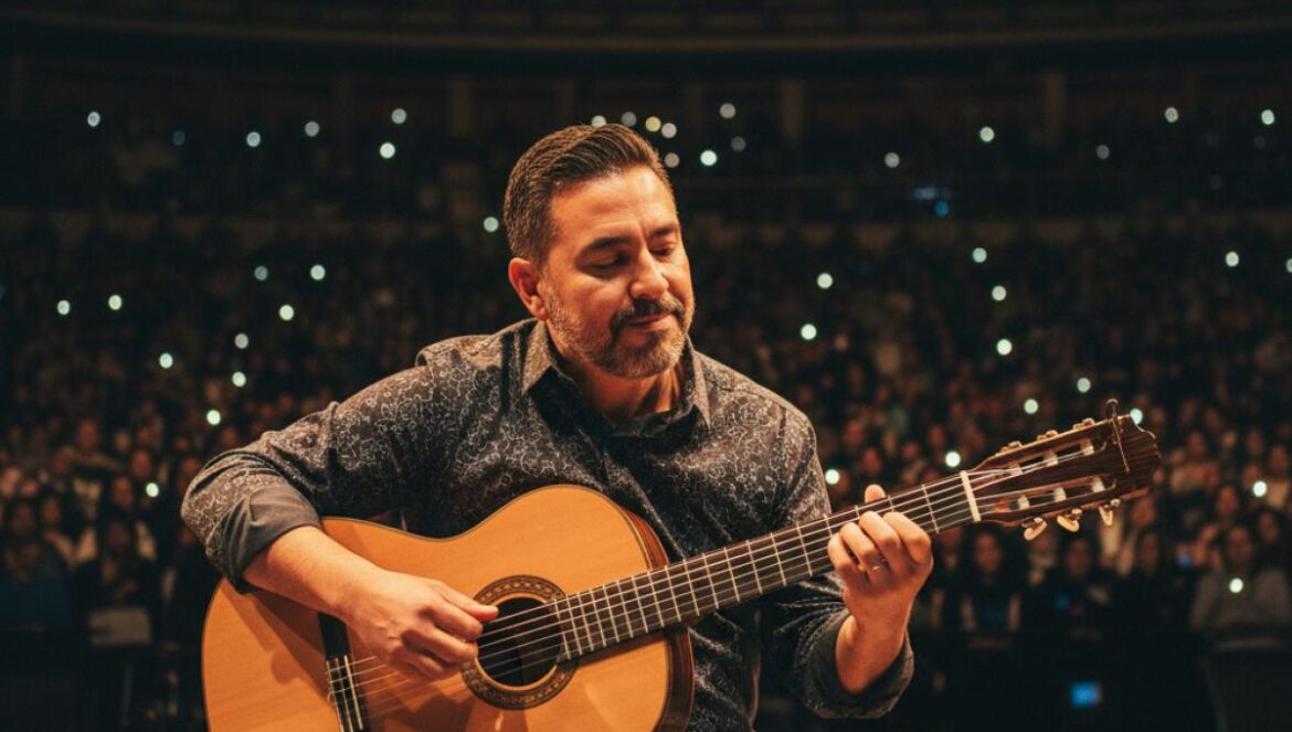 Guitariste flamenco sur scène nocturne d’un amphithéâtre, éclairage chaud, foule compacte.