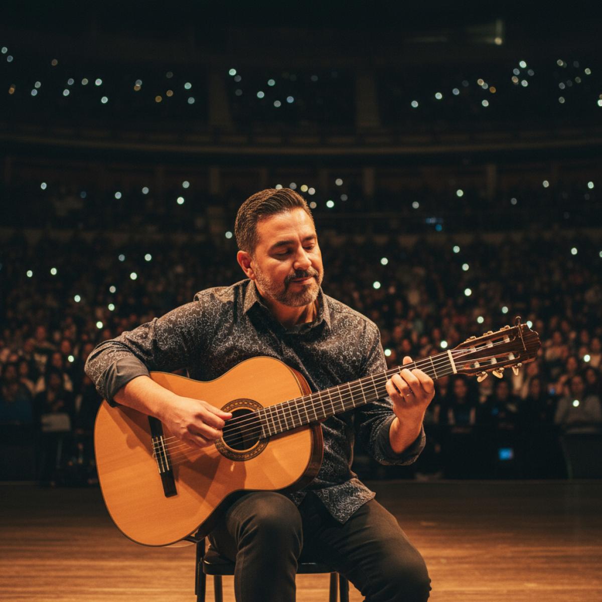 Guitariste flamenco sur scène nocturne d’un amphithéâtre, éclairage chaud, foule compacte.