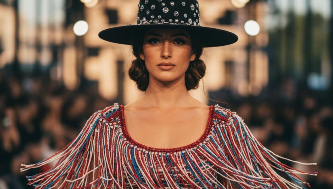 Mannequin au chapeau cordobés revisité, broderies et franges éclatantes, sur une longue passerelle extérieure au crépuscule.