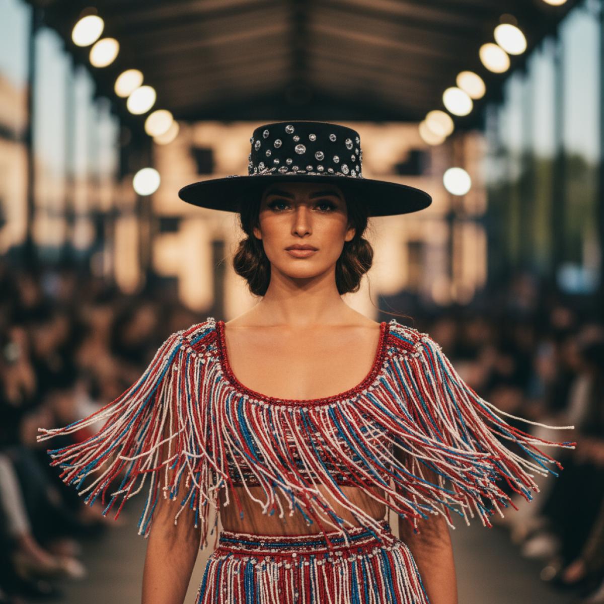 Mannequin au chapeau cordobés revisité, broderies et franges éclatantes, sur une longue passerelle extérieure au crépuscule.