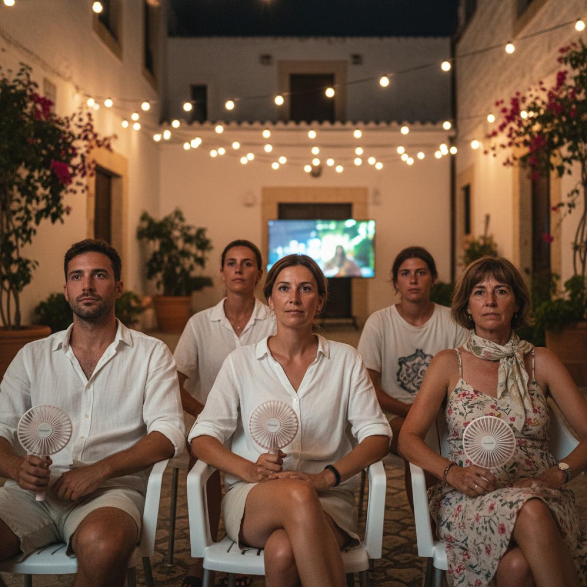 Public multigénérationnel regardant un film en plein air, sous des guirlandes lumineuses, éventails à la main, ambiance estivale cordouane.