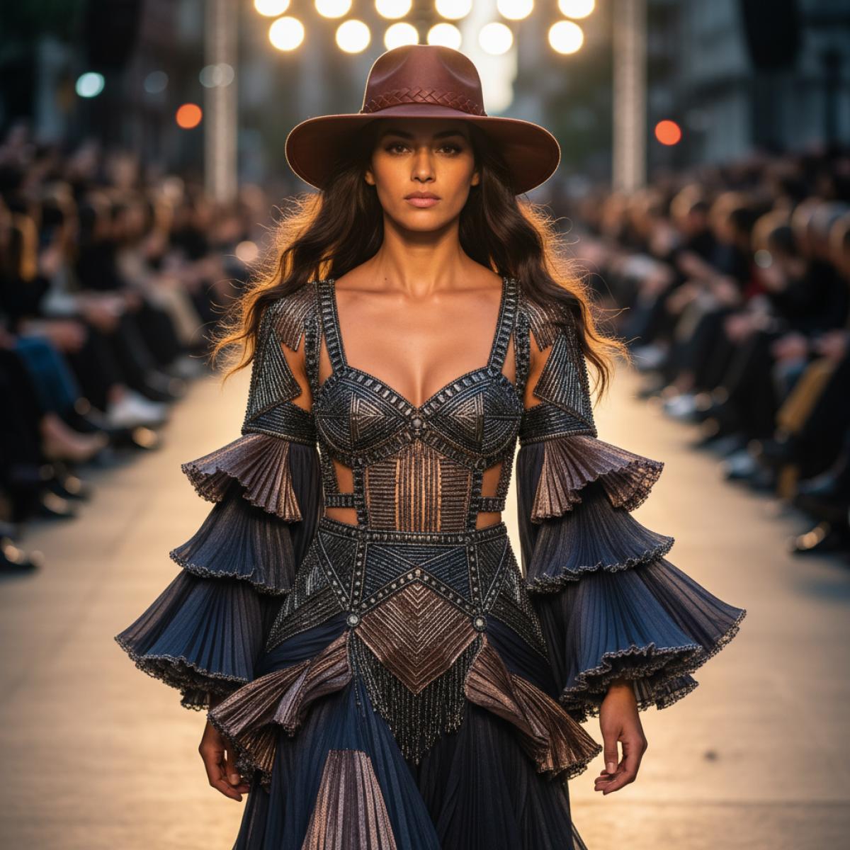 Mannequin au chapeau cordobés, volants et perles, sur un défilé en plein air au crépuscule.
