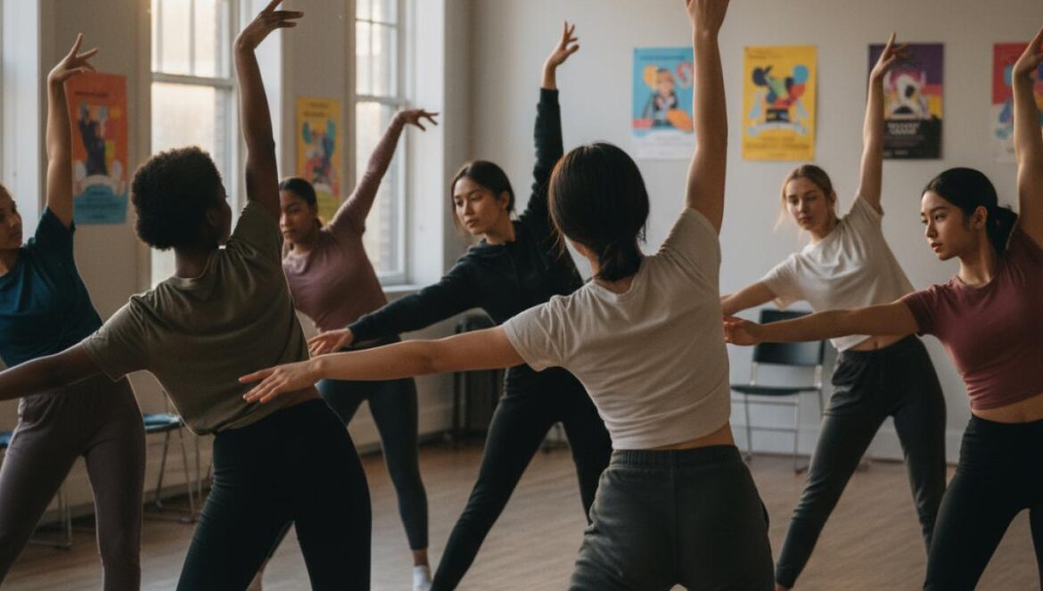 Jeunes en répétition de danse et théâtre dans une salle lumineuse d’un centre socioculturel.