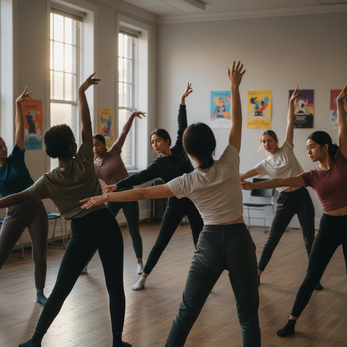 Jeunes en répétition de danse et théâtre dans une salle lumineuse d’un centre socioculturel.