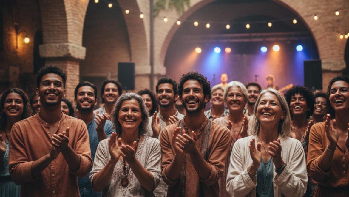 Public rassemblé dans une cour historique au crépuscule, applaudit un concert intimiste sous des arches éclairées.