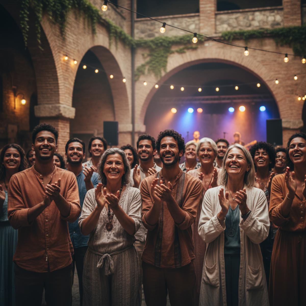 Public rassemblé dans une cour historique au crépuscule, applaudit un concert intimiste sous des arches éclairées.