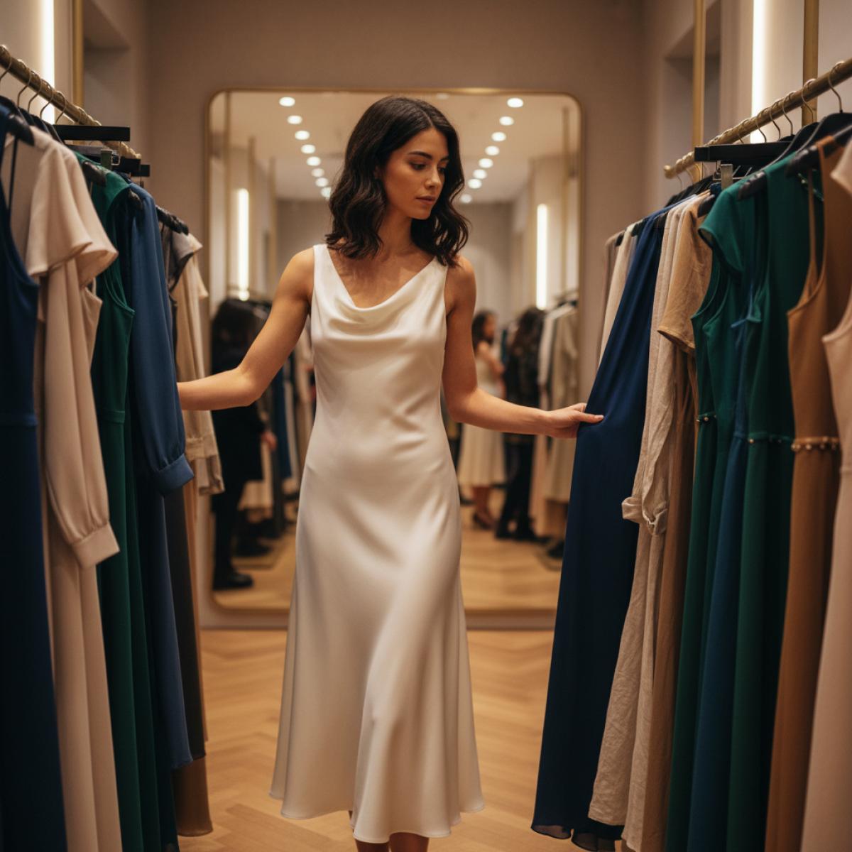 Cliente élégante feuilletant des robes colorées dans une boutique chic de Córdoba, lumière chaude.