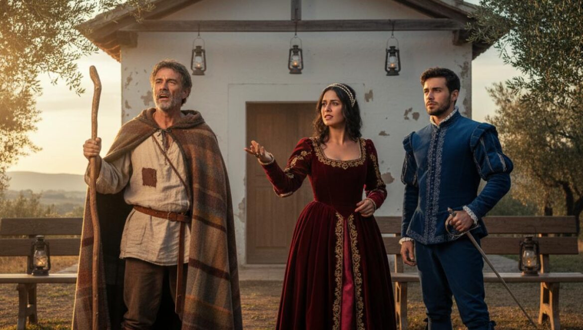 Acteurs en costumes de bergers et noble du XVIe siècle, jouant devant une chapelle rurale au crépuscule.
