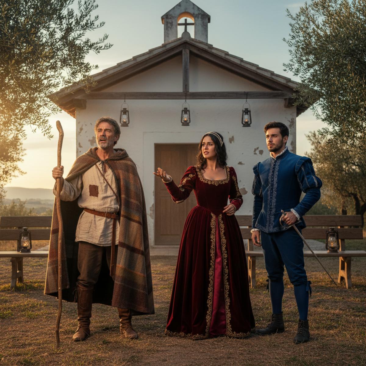Acteurs en costumes de bergers et noble du XVIe siècle, jouant devant une chapelle rurale au crépuscule.