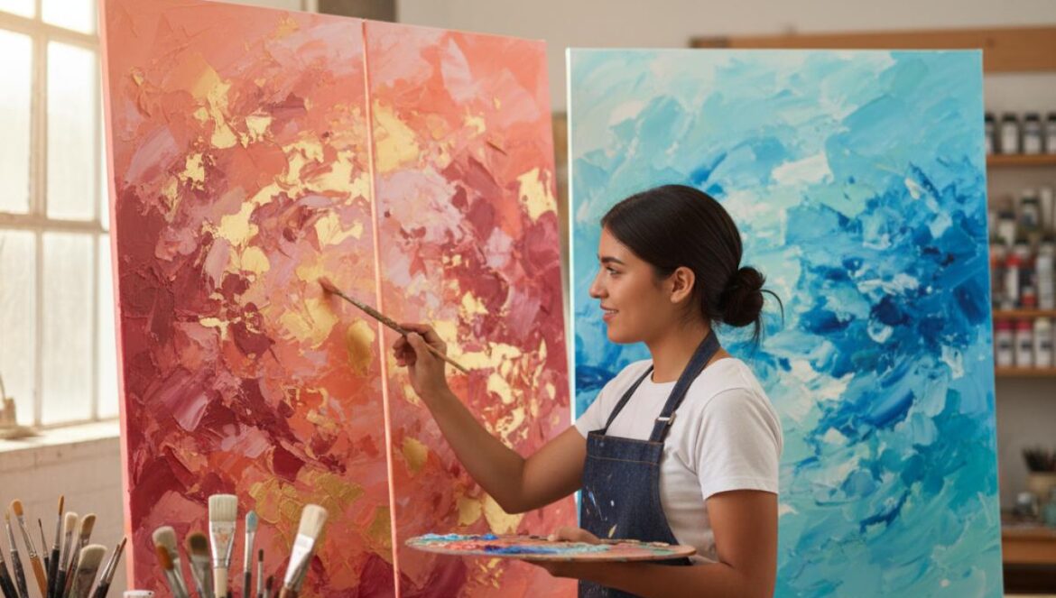 Artiste en atelier peignant un diptyque abstrait aux tons corail et or, avec une autre toile bleue-turquoise, lumière douce et textures visibles.