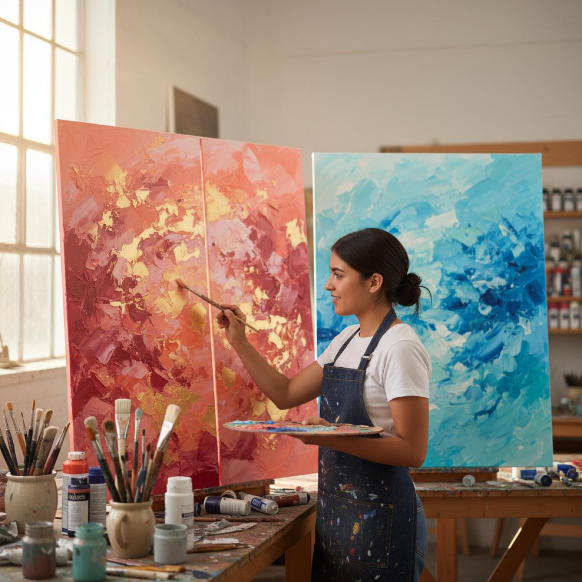 Artiste en atelier peignant un diptyque abstrait aux tons corail et or, avec une autre toile bleue-turquoise, lumière douce et textures visibles.