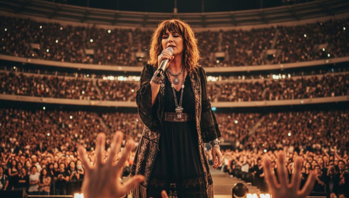 Chanteuse pop andalouse sur scène de nuit, lumière chaude, public les mains levées dans une grande arène.