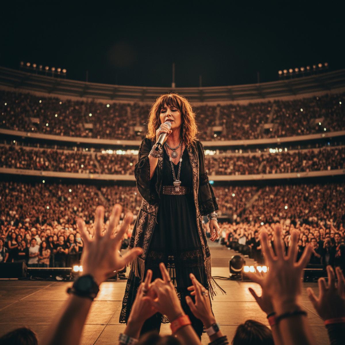 Chanteuse pop andalouse sur scène de nuit, lumière chaude, public les mains levées dans une grande arène.