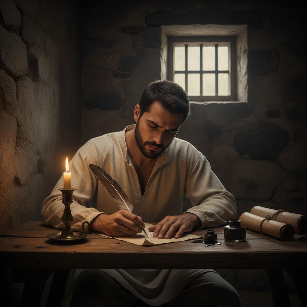 Un jeune homme en habit du XVIe siècle écrit à la bougie dans une cellule sombre aux murs de pierre.