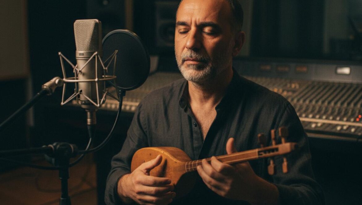 Musicien méditerranéen jouant du duduk dans un studio chaleureux, micro pro en premier plan.
