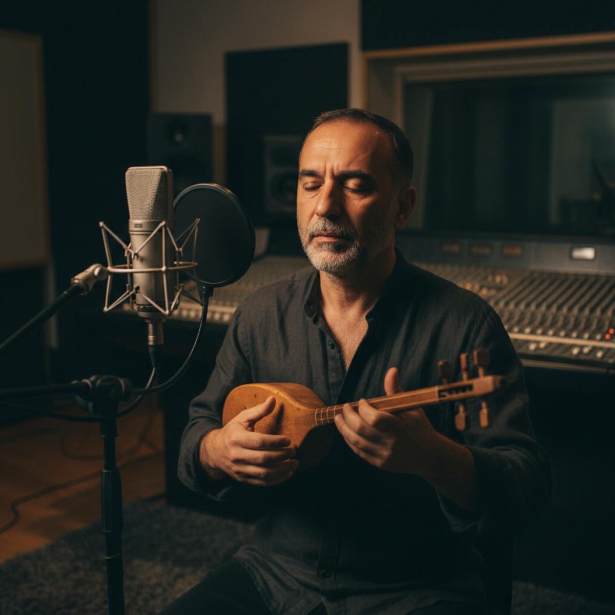 Musicien méditerranéen jouant du duduk dans un studio chaleureux, micro pro en premier plan.