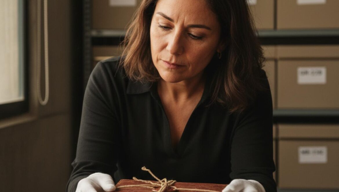 Archiviste au centre examinant un manuscrit scellé dans une salle sécurisée, entourée de boîtes d’archives étiquetées.