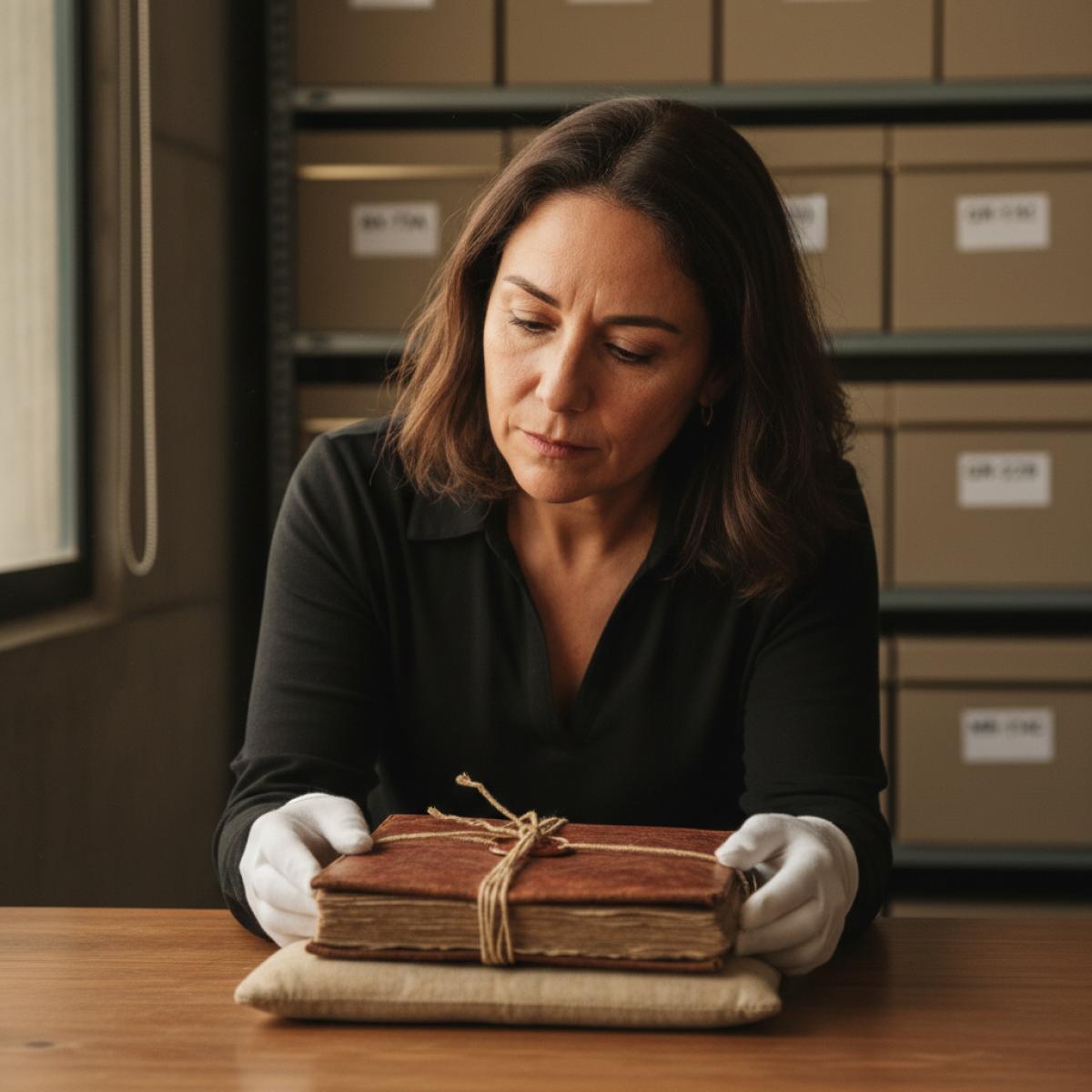Archiviste au centre examinant un manuscrit scellé dans une salle sécurisée, entourée de boîtes d’archives étiquetées.