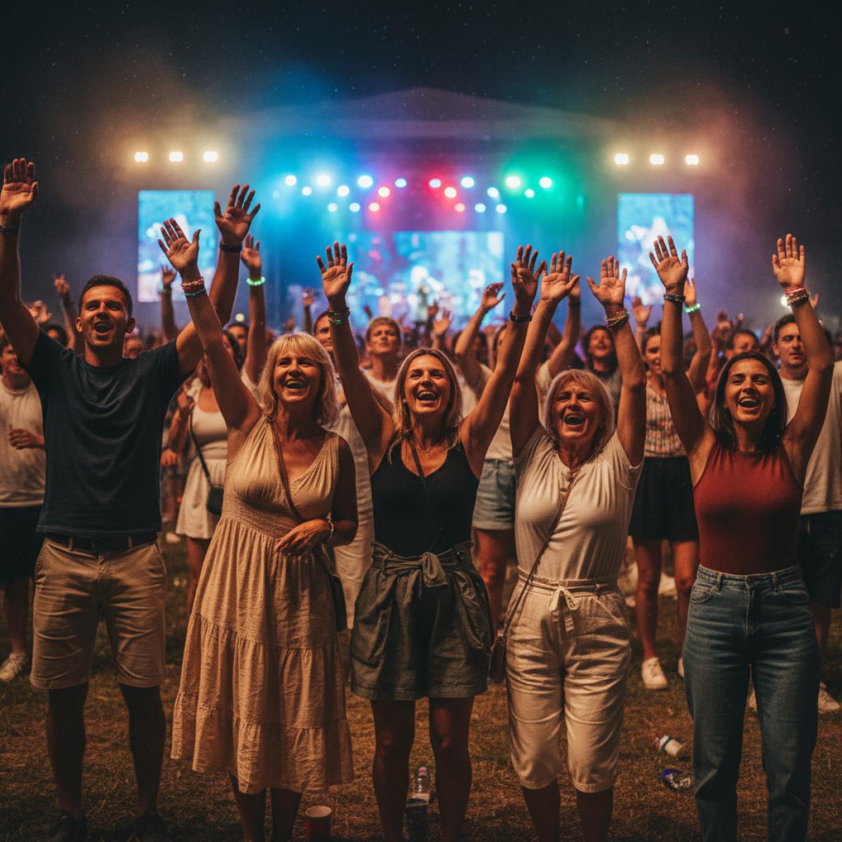 Public rassemblé de nuit dans un amphithéâtre, éclairé par des lumières colorées, mains levées vers la scène.