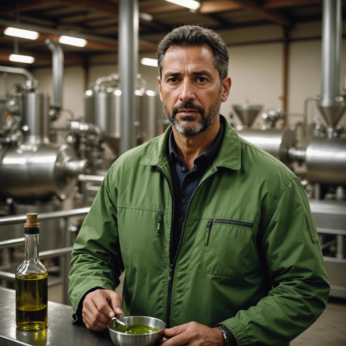 Maître moulinier andalou observant un verre d’huile d’olive vert vif dans une almazara moderne en inox.