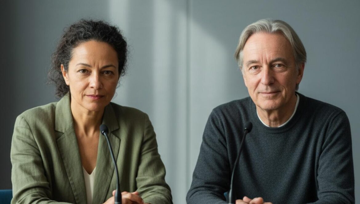 Deux écrivains en table ronde, micros posés, lumière douce d’une salle de conférence, regards concentrés.