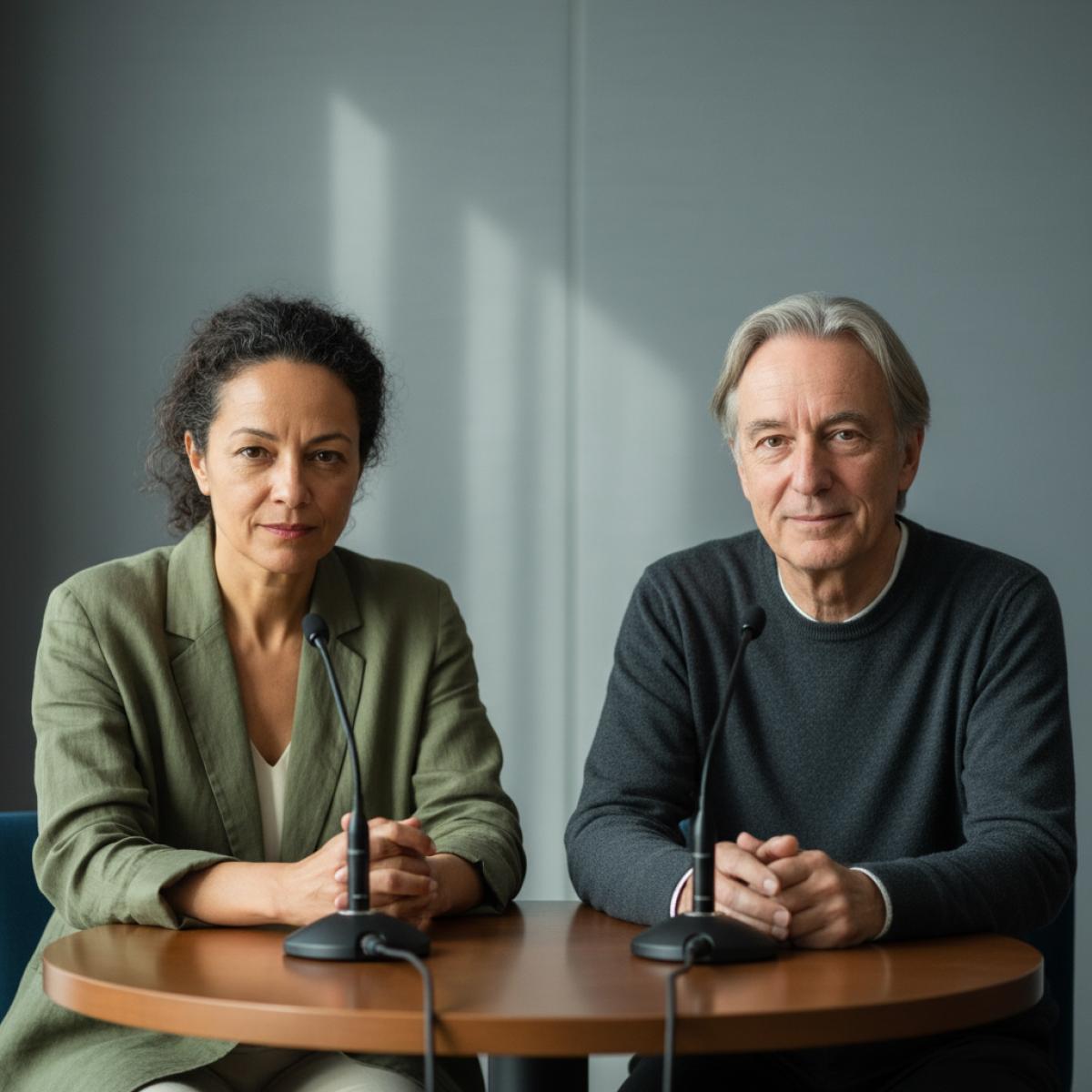 Deux écrivains en table ronde, micros posés, lumière douce d’une salle de conférence, regards concentrés.