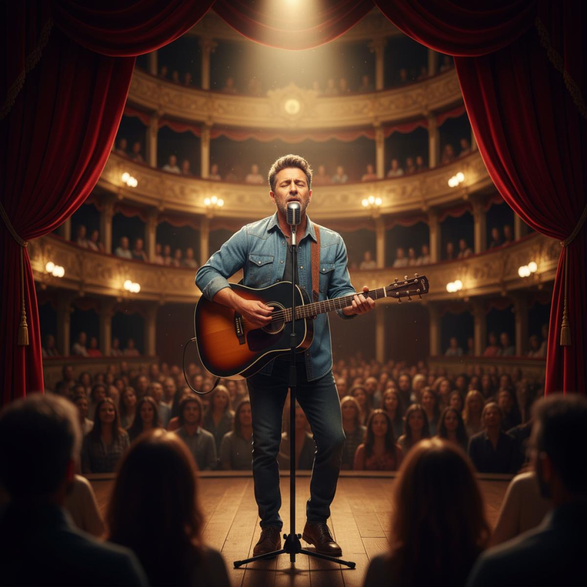 Chanteur espagnol, guitare en main, sous un projecteur chaud dans un théâtre à balcons rouges, public flou.
