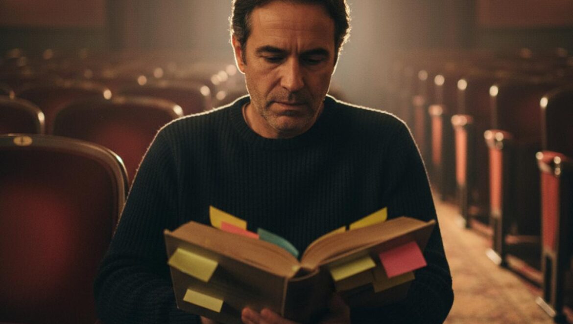 Un cinéphile feuillette un roman annoté dans une salle rétro, éclairée par un projecteur.